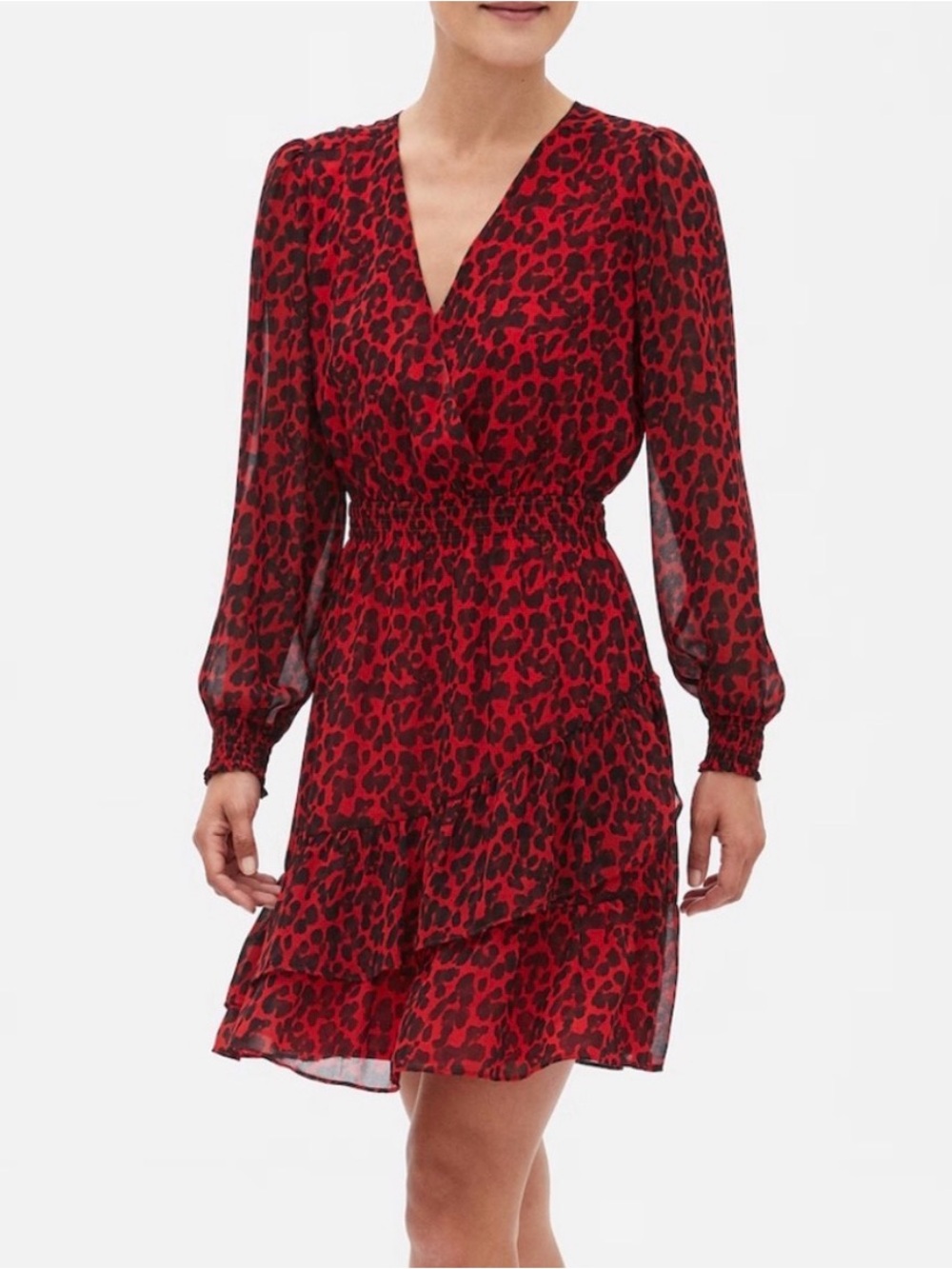 Banana Republic Red Leopard Print Ruffle Dress Size Medium Long Sleeve